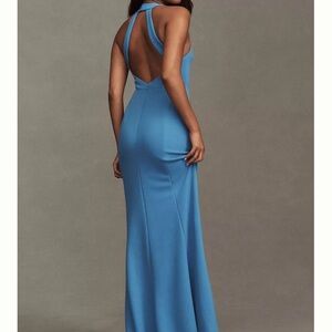 BHLDN Juliana High-Neck Side-Slit Stretch Crepe Maxi Dress, light blue